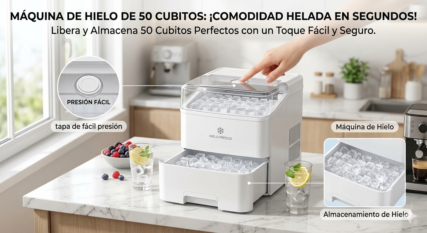 Máquina de hielo de 50 cubitos con tapa de fácil presión, máquina de hielo de doble capa, refrigerador, almacenamiento de hielo doméstico.