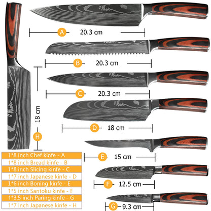 Chef knife 1-10 Pcs Set Kitchen Knives Laser Damascus Pattern Sharp Japanese Santoku Knife Cleaver Slicing Utility Knife