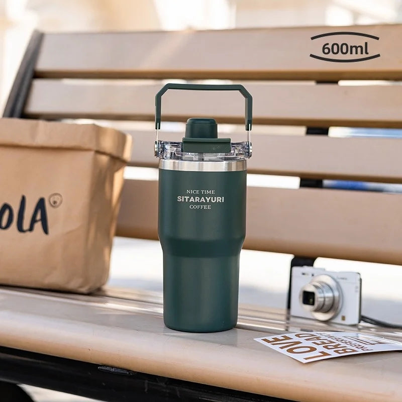 JUSTINLAU 600/900ml Insulated Cup Stainless Steel Vacuum Flasks with Magnetic Straw Cap Portable Outdoor Travel Car Ice Tumbler