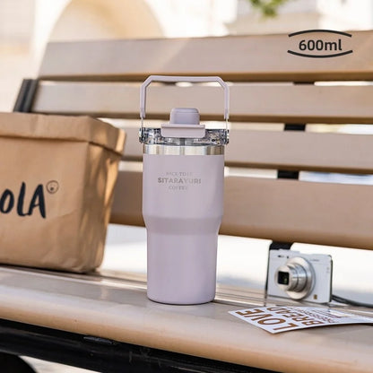 JUSTINLAU 600/900ml Insulated Cup Stainless Steel Vacuum Flasks with Magnetic Straw Cap Portable Outdoor Travel Car Ice Tumbler