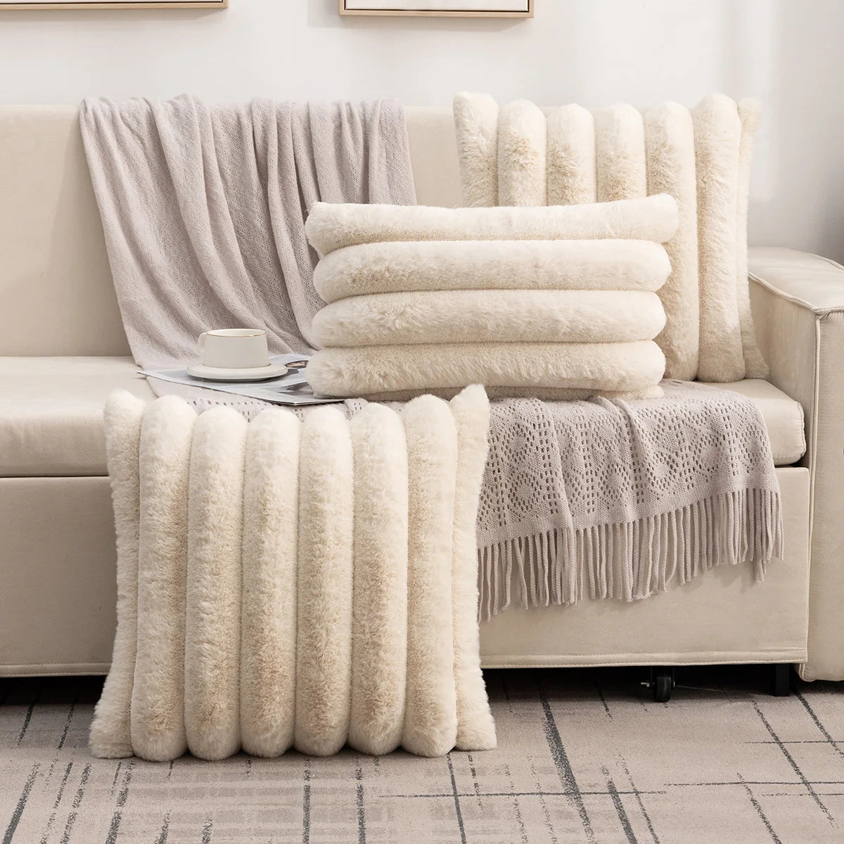 Single Sided Soft Rabbit Velvet Pillow Cover Sofa Cushion Waist Cover Winter Warm Fluffy Sleeping Simple Decorative Pillowcase