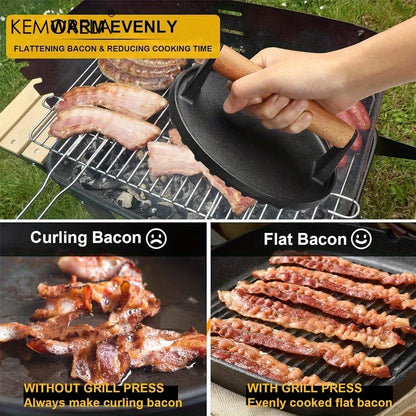 Heavy Duty Cast Iron Burger Press for Blackstone Griddle -17.53 cm Round Grill Press with Wooden Handle For Steak Bacon Press