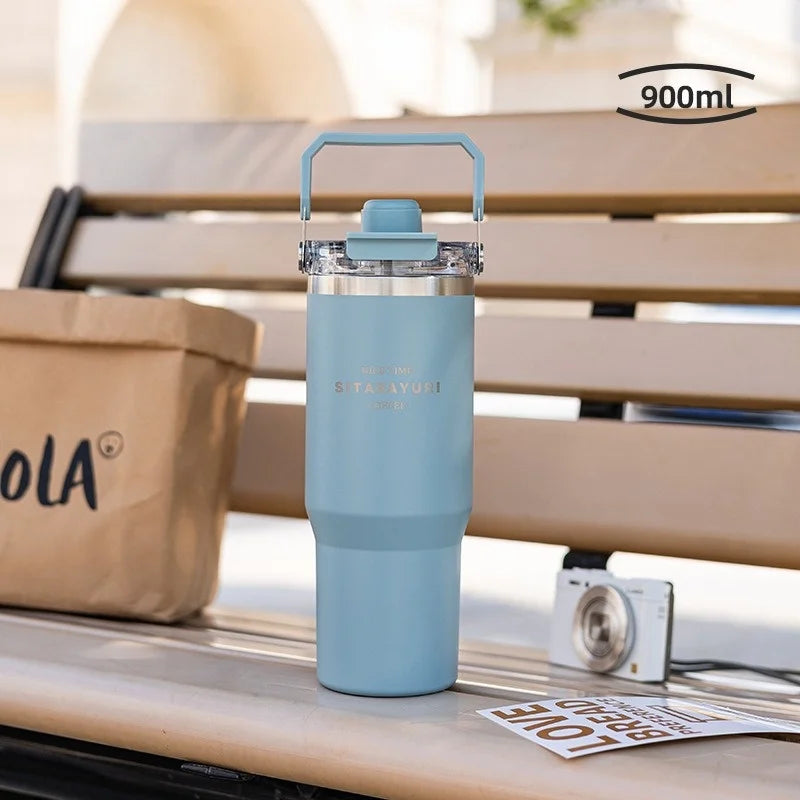 JUSTINLAU 600/900ml Insulated Cup Stainless Steel Vacuum Flasks with Magnetic Straw Cap Portable Outdoor Travel Car Ice Tumbler