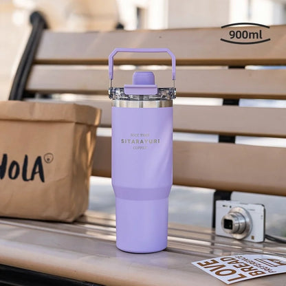 JUSTINLAU 600/900ml Insulated Cup Stainless Steel Vacuum Flasks with Magnetic Straw Cap Portable Outdoor Travel Car Ice Tumbler