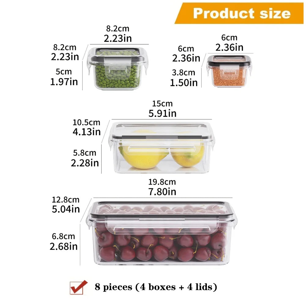 Juego de 8 recipientes herméticos para alimentos, libres de BPA, con tapas de cierre hermético. Fabricados en plástico PP, aptos para microondas y congelador.