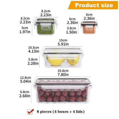 Juego de 8 recipientes herméticos para alimentos, libres de BPA, con tapas de cierre hermético. Fabricados en plástico PP, aptos para microondas y congelador.