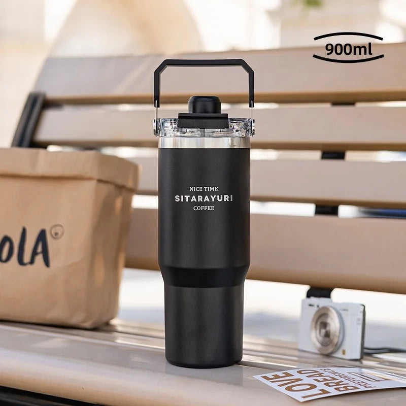 JUSTINLAU 600/900ml Insulated Cup Stainless Steel Vacuum Flasks with Magnetic Straw Cap Portable Outdoor Travel Car Ice Tumbler