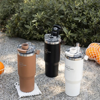 JUSTINLAU 600/900ml Insulated Cup Stainless Steel Vacuum Flasks with Magnetic Straw Cap Portable Outdoor Travel Car Ice Tumbler