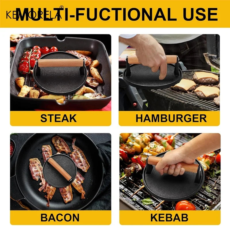Heavy Duty Cast Iron Burger Press for Blackstone Griddle -17.53 cm Round Grill Press with Wooden Handle For Steak Bacon Press