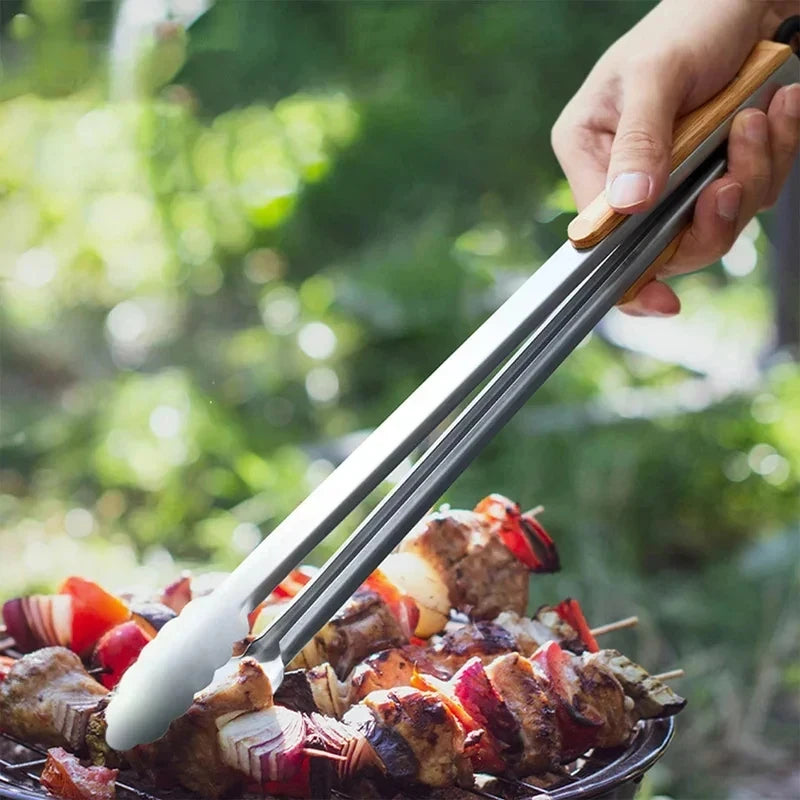 1Pcs Stainless Steel Food Tongs Heavy Duty Kitchen Tongs with Wooden Handle for Cooking Grilling BBQ 9-16 Inch Length
