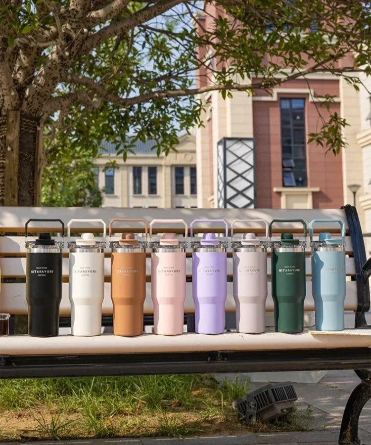 JUSTINLAU 600/900ml Insulated Cup Stainless Steel Vacuum Flasks with Magnetic Straw Cap Portable Outdoor Travel Car Ice Tumbler