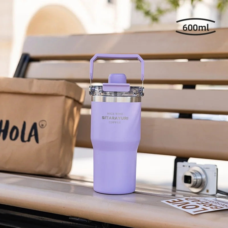 JUSTINLAU 600/900ml Insulated Cup Stainless Steel Vacuum Flasks with Magnetic Straw Cap Portable Outdoor Travel Car Ice Tumbler