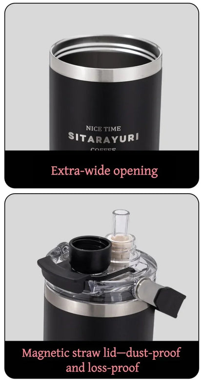 JUSTINLAU 600/900ml Insulated Cup Stainless Steel Vacuum Flasks with Magnetic Straw Cap Portable Outdoor Travel Car Ice Tumbler