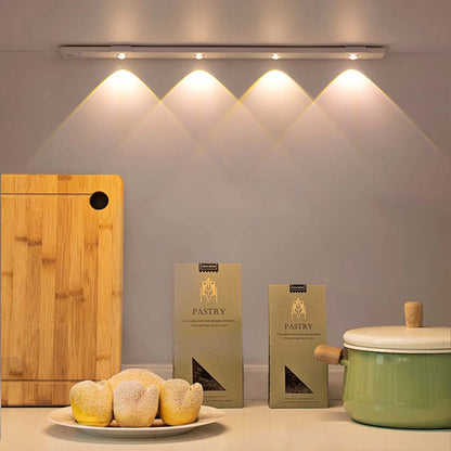 Lámpara LED inalámbrica con sensor de movimiento, recargable por USB, con 3 colores ajustables, ideal para cocinas, armarios, dormitorios y escaleras.