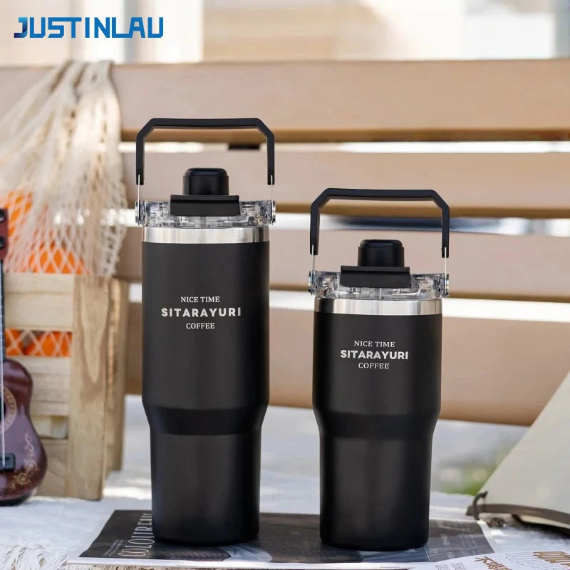 JUSTINLAU 600/900ml Insulated Cup Stainless Steel Vacuum Flasks with Magnetic Straw Cap Portable Outdoor Travel Car Ice Tumbler