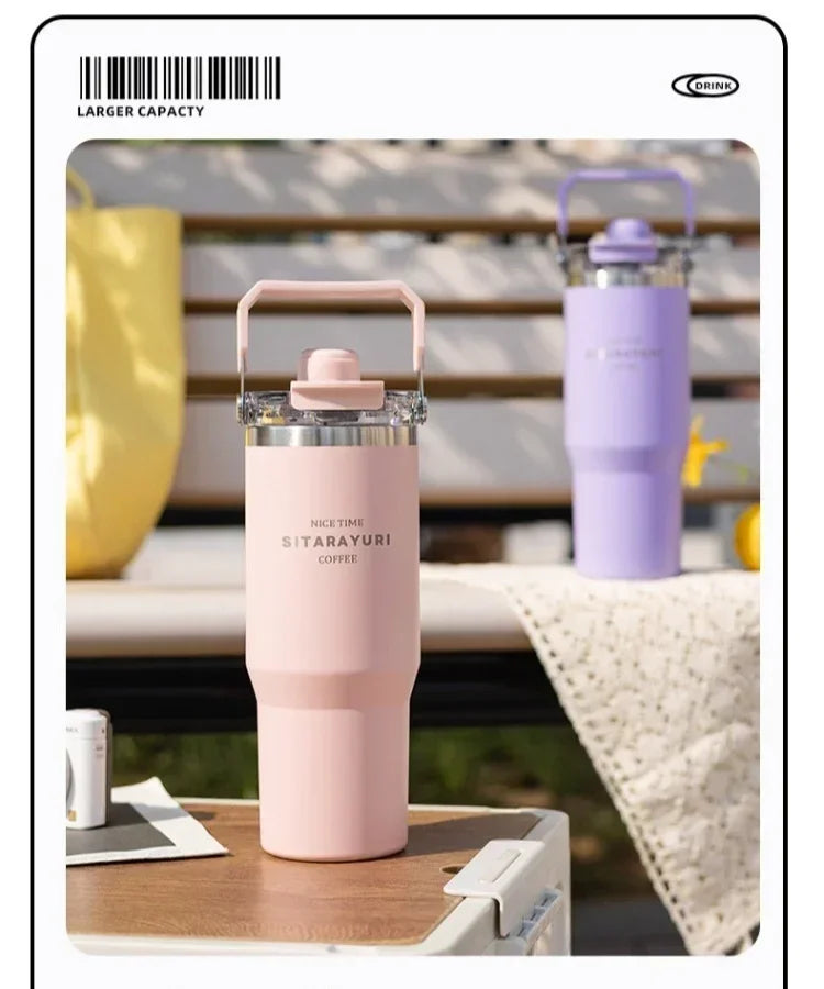 JUSTINLAU 600/900ml Insulated Cup Stainless Steel Vacuum Flasks with Magnetic Straw Cap Portable Outdoor Travel Car Ice Tumbler