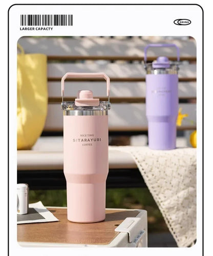 JUSTINLAU 600/900ml Insulated Cup Stainless Steel Vacuum Flasks with Magnetic Straw Cap Portable Outdoor Travel Car Ice Tumbler