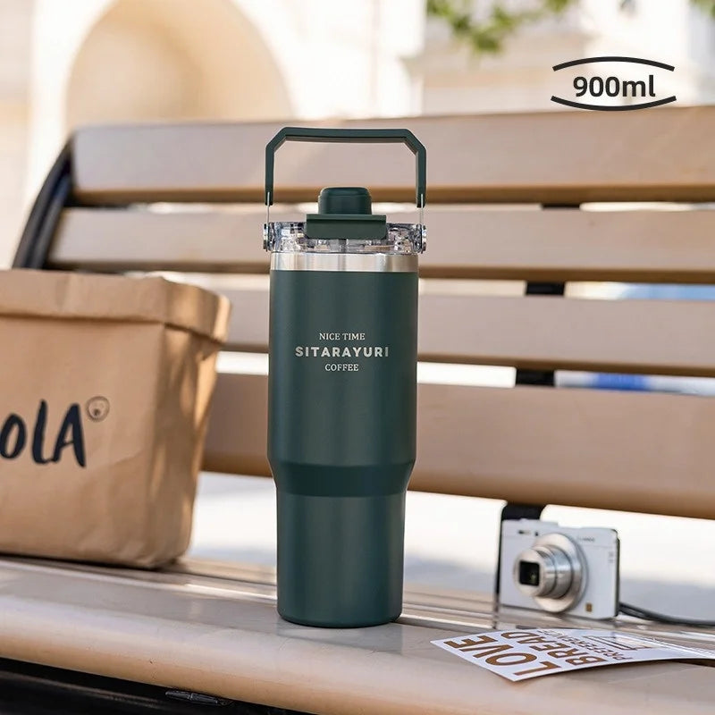 JUSTINLAU 600/900ml Insulated Cup Stainless Steel Vacuum Flasks with Magnetic Straw Cap Portable Outdoor Travel Car Ice Tumbler