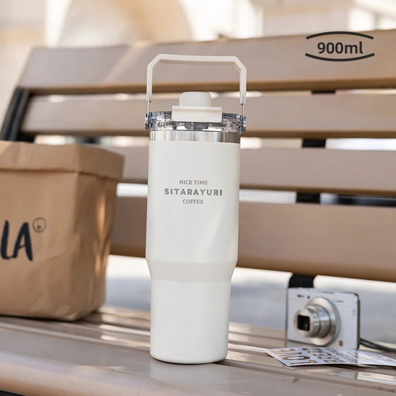 JUSTINLAU 600/900ml Insulated Cup Stainless Steel Vacuum Flasks with Magnetic Straw Cap Portable Outdoor Travel Car Ice Tumbler