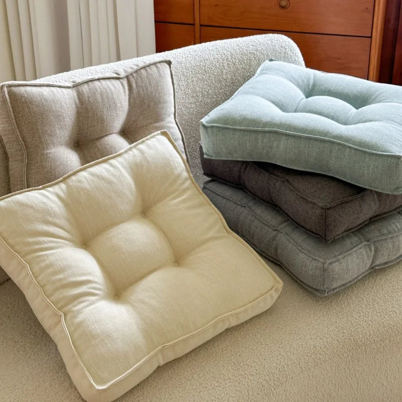 Comfortable Linen-Look Bread Seat Cushion 9-Hole Tufted Thickened Easy Clean Dirt-Resistant Chair Pad for Sofa Office Floor