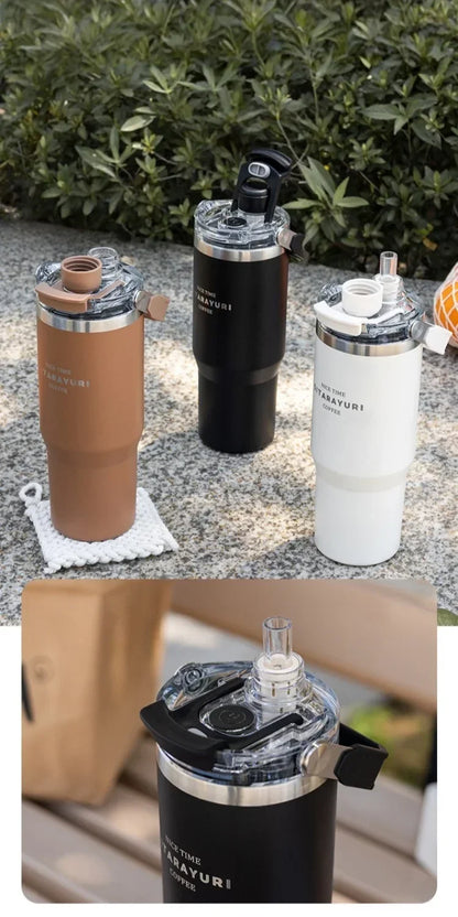 JUSTINLAU 600/900ml Insulated Cup Stainless Steel Vacuum Flasks with Magnetic Straw Cap Portable Outdoor Travel Car Ice Tumbler