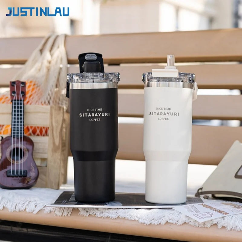 JUSTINLAU 600/900ml Insulated Cup Stainless Steel Vacuum Flasks with Magnetic Straw Cap Portable Outdoor Travel Car Ice Tumbler