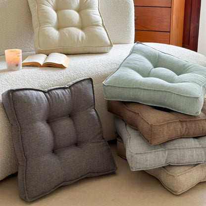 Comfortable Linen-Look Bread Seat Cushion 9-Hole Tufted Thickened Easy Clean Dirt-Resistant Chair Pad for Sofa Office Floor