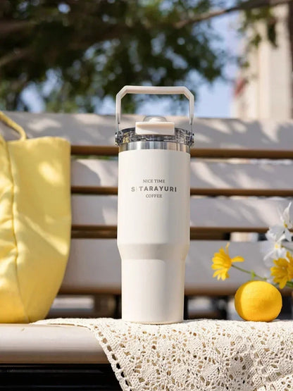 JUSTINLAU 600/900ml Insulated Cup Stainless Steel Vacuum Flasks with Magnetic Straw Cap Portable Outdoor Travel Car Ice Tumbler