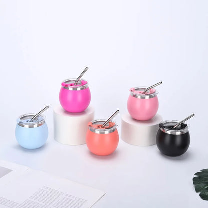Mini Double Wall Argentine Yerba Mate Cup with Straw and Lid 5oz Portable Egg Cup Stainless Steel Insulated Cups Gift