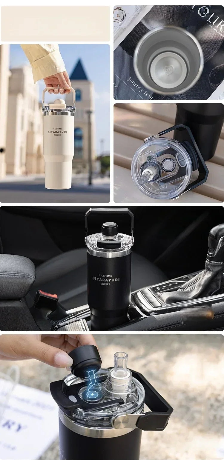 JUSTINLAU 600/900ml Insulated Cup Stainless Steel Vacuum Flasks with Magnetic Straw Cap Portable Outdoor Travel Car Ice Tumbler