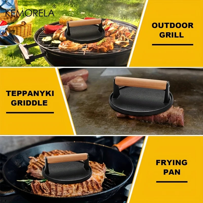 Heavy Duty Cast Iron Burger Press for Blackstone Griddle -17.53 cm Round Grill Press with Wooden Handle For Steak Bacon Press