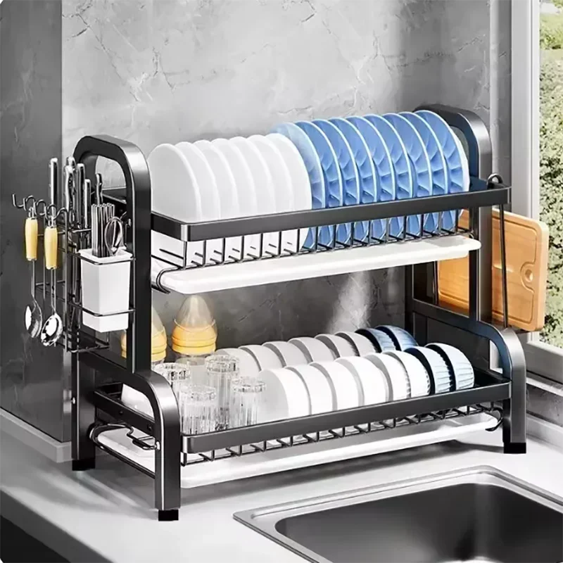 Over The Sink Dish Drying Rack, 2/3 Tier Above Sink Dish Drainer Drying Rack with Utensil Holder for Kitchen Counter