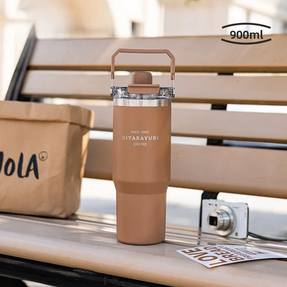 JUSTINLAU 600/900ml Insulated Cup Stainless Steel Vacuum Flasks with Magnetic Straw Cap Portable Outdoor Travel Car Ice Tumbler