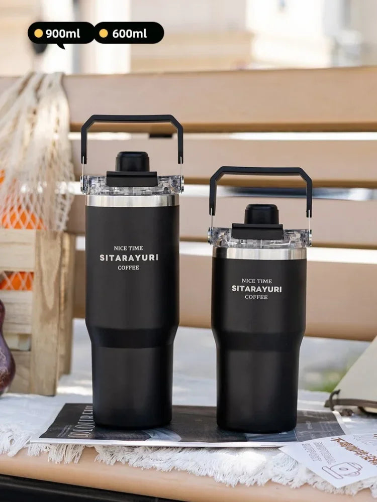 JUSTINLAU 600/900ml Insulated Cup Stainless Steel Vacuum Flasks with Magnetic Straw Cap Portable Outdoor Travel Car Ice Tumbler