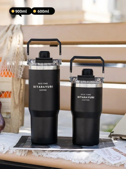 JUSTINLAU 600/900ml Insulated Cup Stainless Steel Vacuum Flasks with Magnetic Straw Cap Portable Outdoor Travel Car Ice Tumbler