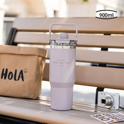 JUSTINLAU 600/900ml Insulated Cup Stainless Steel Vacuum Flasks with Magnetic Straw Cap Portable Outdoor Travel Car Ice Tumbler