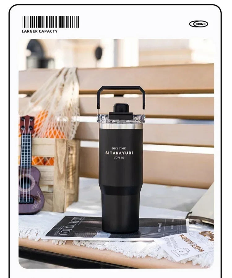 JUSTINLAU 600/900ml Insulated Cup Stainless Steel Vacuum Flasks with Magnetic Straw Cap Portable Outdoor Travel Car Ice Tumbler