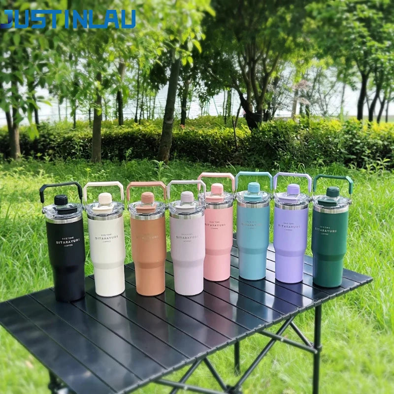 JUSTINLAU 600/900ml Insulated Cup Stainless Steel Vacuum Flasks with Magnetic Straw Cap Portable Outdoor Travel Car Ice Tumbler