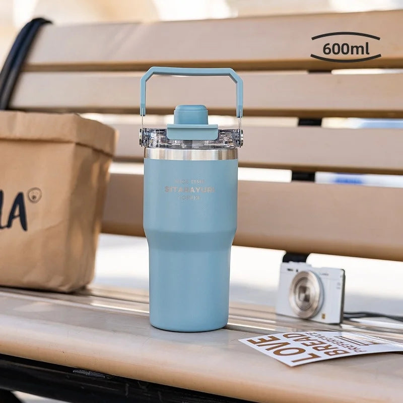 JUSTINLAU 600/900ml Insulated Cup Stainless Steel Vacuum Flasks with Magnetic Straw Cap Portable Outdoor Travel Car Ice Tumbler
